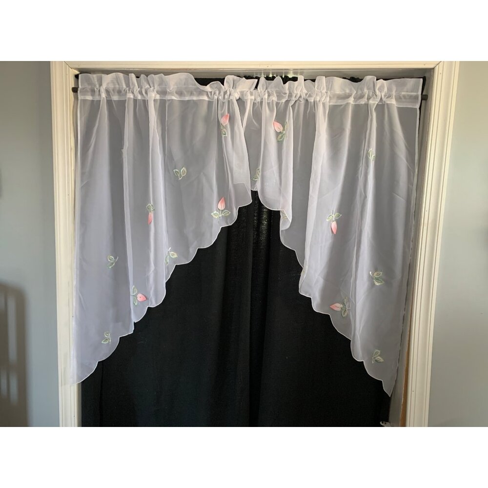 Sheer White Embroidered Curtain Panels with Pink Floral Design Scalloped Edges